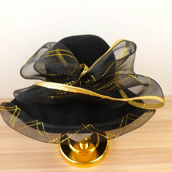 Vintage Sandra New York Hat Black Felt Gold Mesh Bow Kentucky Derby Church Glam main image 11